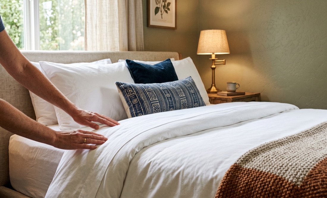 A cleaner making up a bed with crisp white linens in a short-term rental